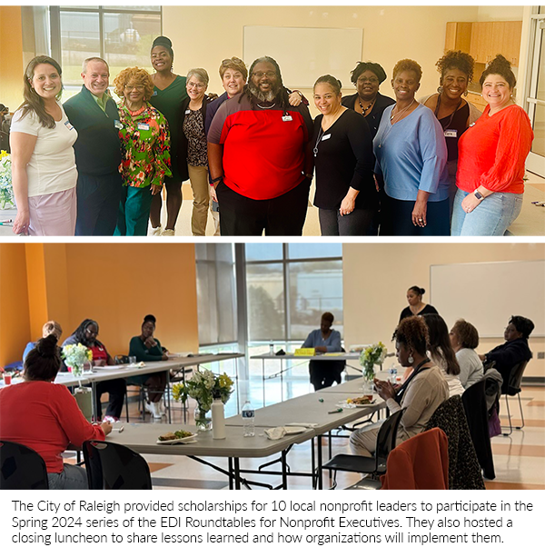 Two photos of nonprofit leaders attending closing lunch of the EDI Roundtables for Nonprofit Executives hosted by City of Raleigh, North Caroliina