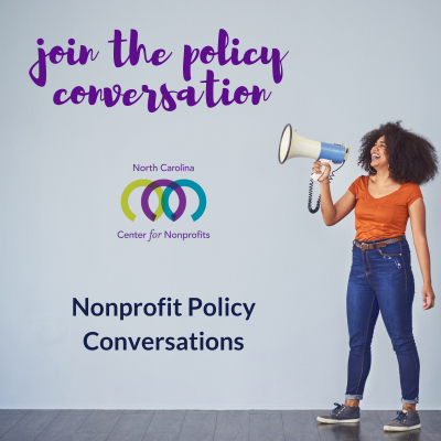 Multiracial woman talking into megaphone beside text: Nonprofit Policy Conversations, join the policy conversation.