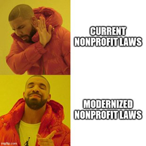 Man cringing to 'Current nonprofit laws' and smiling for 'Modernized nonprofit laws'