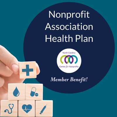 Small stack of wooden blocks that each have a health-related icon. Text reads 'Nonprofit Association Health Plan. Member Benefit!'