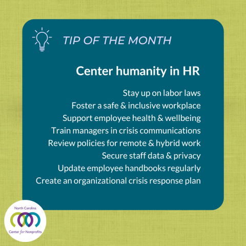Green and teal graphic with lightbulb icon. Text: Tip of the Month: Center humanity in HR