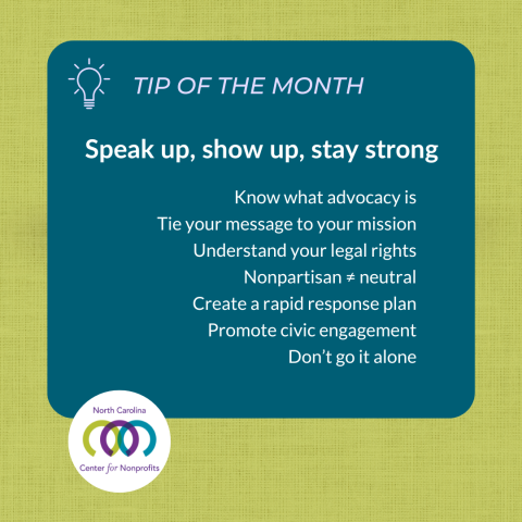 Green and teal graphic with lightbulb icon. Text reads Tip of the Month: Speak up, show up, stay strong