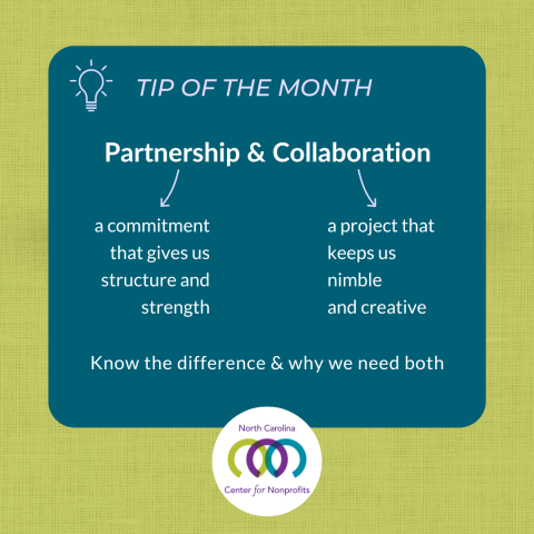 Green and teal graphic with lightbulb icon. Text reads Tip of the Month: Partnerships & Collaboration. Know the difference and why we need both.