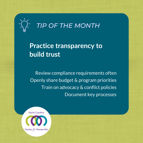Green and teal graphic with lightbulb icon. Text reads ‘Tip of the Month: practice transparency to build trust.'