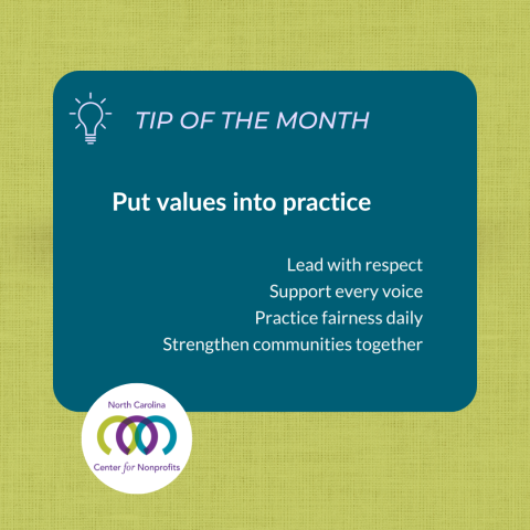 Green and teal graphic with lightbulb icon. Text reads ‘Tip of the Month: put values into practice.'
