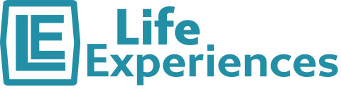 On the left edge is a rounded, slightly hexagonal outline of a box with the letters L and E inside it. To the right of the box is "Life Experiences" with Life sitting on top of Experiences.
