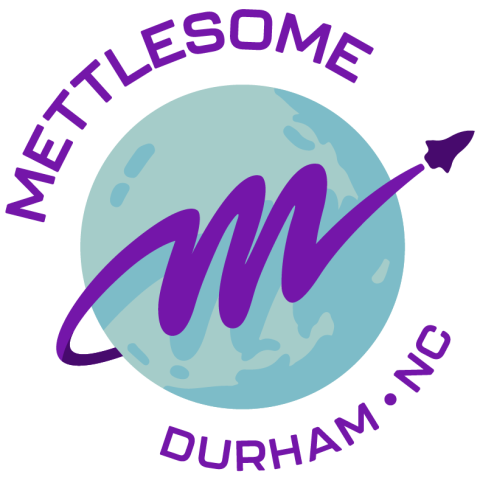 A logo that features "Mettlesome" and "Durham N.C." in all caps, surrounding a blue planet. A small rocket creates a smoke trail that forms the letter "M," which appears over the blue planet.