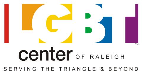 Red, orange, yellow, green, blue, purple background with lettering that reads "LGBT Center of Raleigh, serving the Triangle and beyond."