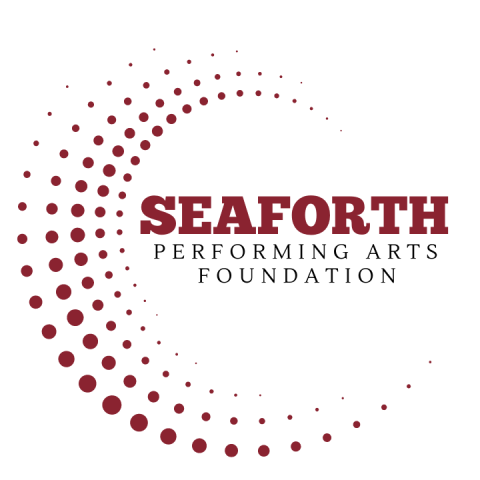 Seaforth Performing Arts Foundation. Text in red with a red circular swoosh of dots.