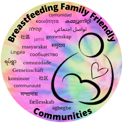 Breastfeeding Family Friendly Communities logo lactating parent with baby and heart on chest with community written in multiple languages.