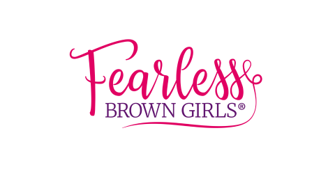Fearless Brown Girls® secondary logo with 'Fearless' in bold pink script and 'BROWN GIRLS®' in uppercase purple serif font underneath. The pink script features a swooping tail that curves under the full logo.