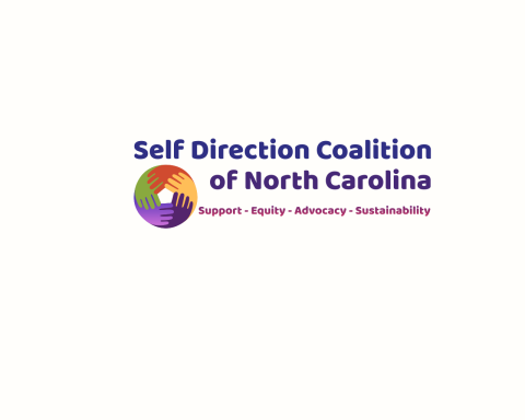 The tag line for the Self Direction Coalition of North Carolina is displayed under the organization's name, as "Support, Equity, Advocacy and Sustainability". On the same line is a graphic imag of five hands connected to one another in a circular symbol.