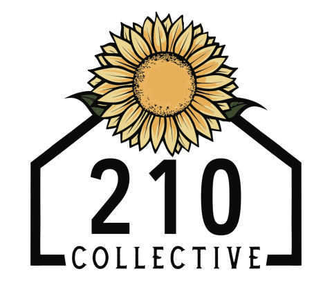 Logo for 210 Collective featuring a large sunflower at the top center, with the number '210' in bold black text below it. The word 'Collective' is written in all caps beneath, and the entire design is framed by the outline of a simple house.