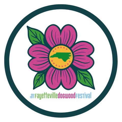 Fayetteville Dogwood Festival; Support Local; Pink dogwood flower with green leave; There is a yellow circle with a green NC outline in the center of the flower.