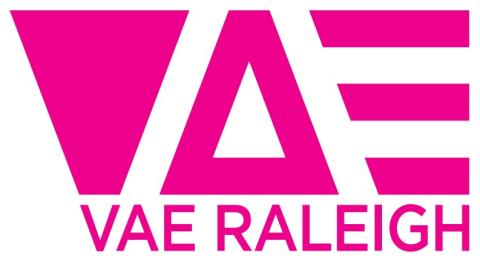 Pink lettering, Initials VAE over the words VAE Raleigh in the