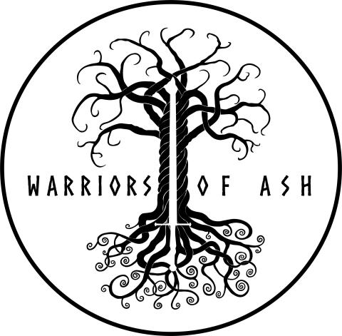 circular logo containing the words "Warriors of Ash" with a sword and tree at the center