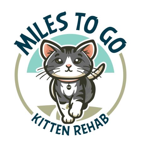 Miles to Go kitten rehab logo, cat in the middle of the logo who is gray and white