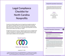 Image of title, section, and topic pages from the 2026 Legal Compliance Checklist for NC Nonprofits.